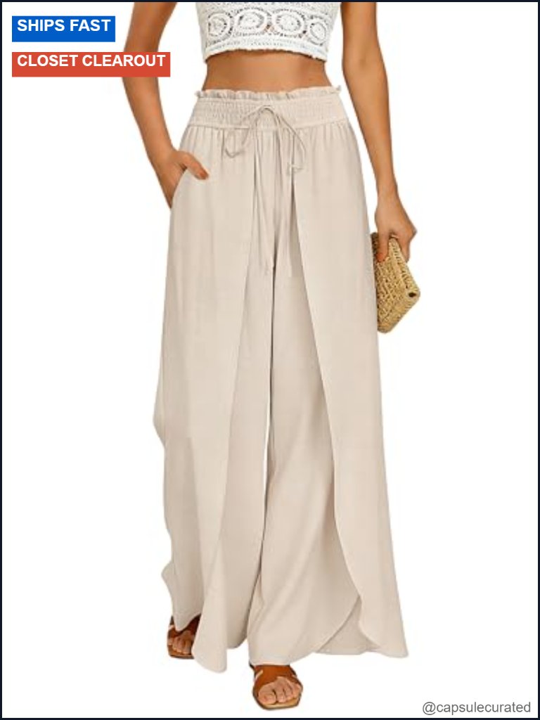 Wide Leg Linen Palazzo Pants With Side Split, High Waisted, Flowy Beach Trousers